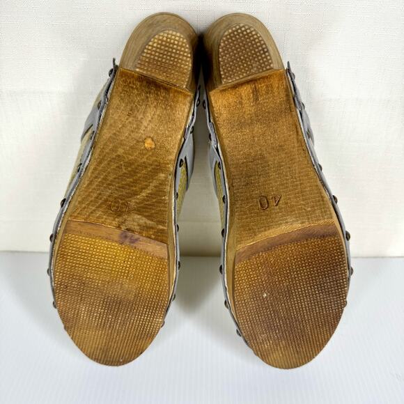 SANITA Embossed Leather Wooden Heel Clogs Size 39 Yellow Boho Festival Hippie - Picture 9 of 16